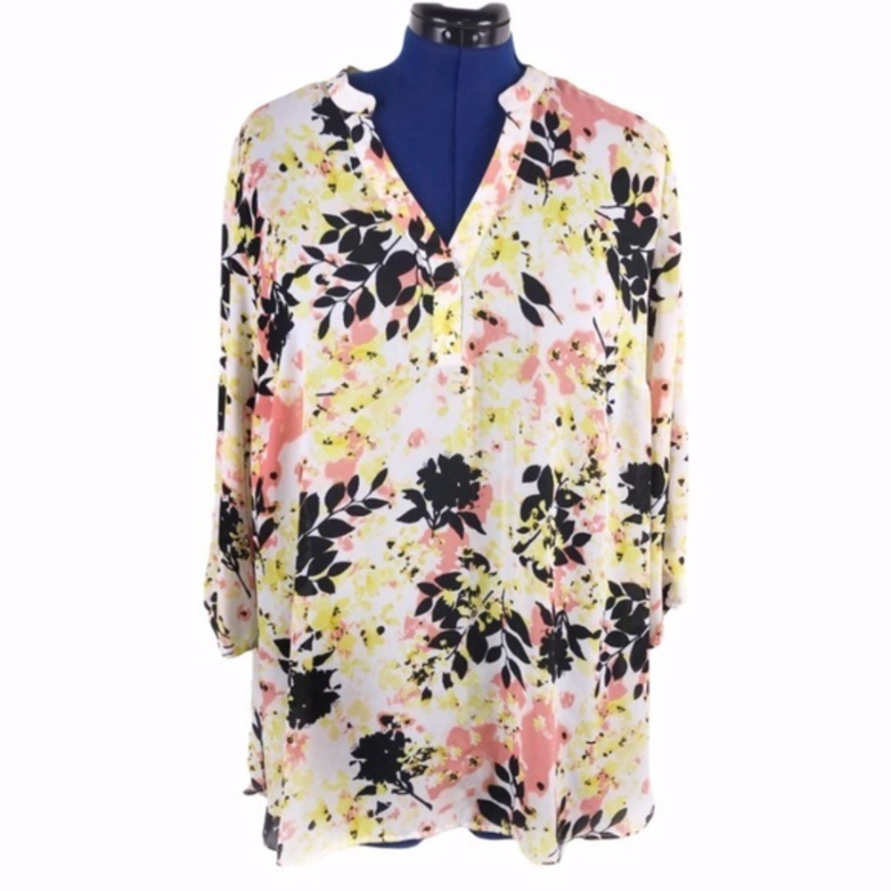 Boutique 1X cream black pink yellow abstract floral print v neck tunic top‎